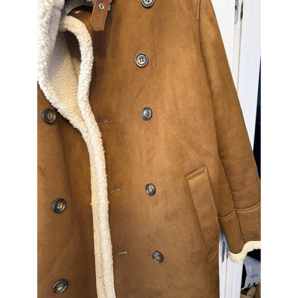 GUESS Mens Double Breasted Faux Shearling Overcoat Brown Medium - Picture 9 of 11